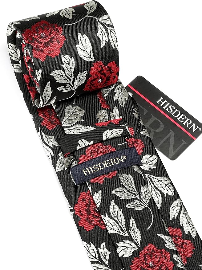 HISDERN Men Floral Ties Woven Classic 3.4" Necktie Set Formal Tie Pocket Square for Wedding with Handkerchief Gift Box