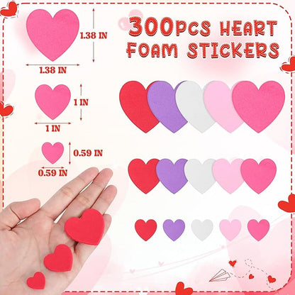 300 PCS Valentines Heart Stickers, Foam Stickers, Matte Valentines Crafts, Self-Adhesive Heart Foam Stickers 5 Colors Valentine Foam Adults Valentine's Presents