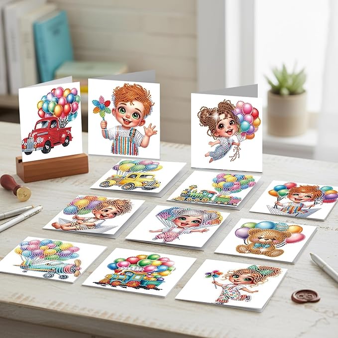 jinglinhh 12pcs Diamond Art Painting Balloon Pickup Truck Train Greeting Cards with Envelopes, DIY Card Making Kits for Adults, Diamond Art Christmas Cards for Birthday Holiday Postcards Craft Gifts