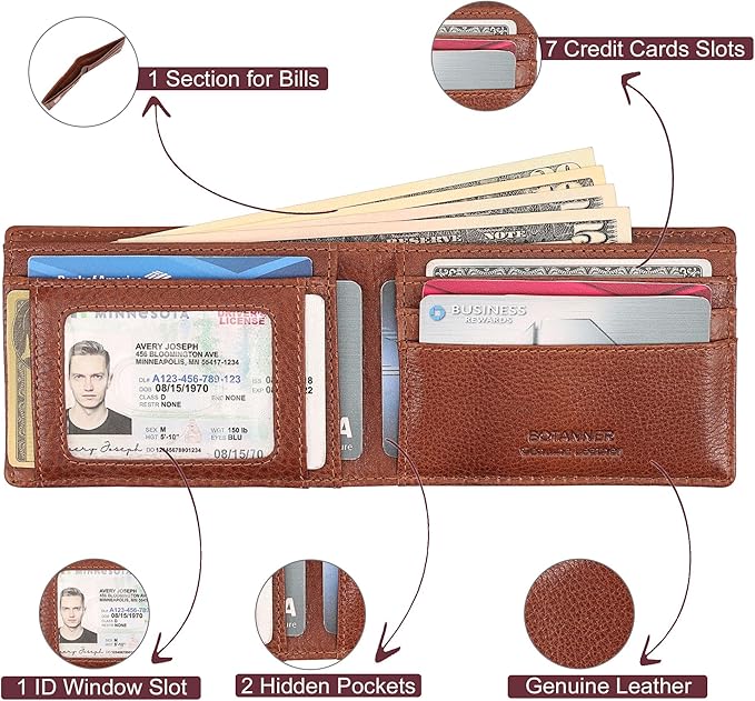Genuine Leather Mens Bifold Wallet RFID Blocking 7 Credit Card Slots 1 ID Window 1 Section for Bills 2 Additional Slots | Tan