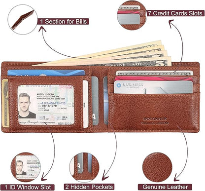 Genuine Leather Mens Bifold Wallet RFID Blocking 7 Credit Card Slots 1 ID Window 1 Section for Bills 2 Additional Slots | Tan
