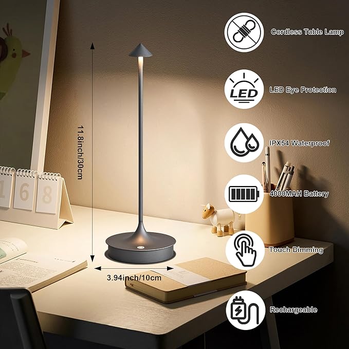 Cordless Table Lamp Rechargeable Led Desk Lamp Battery Operated Table Lamps Touch Dimmable Lamp Portable Outdoor Table Light for Restaurants and Bars Indoor/Outdoor Use (Grey - 2PC)