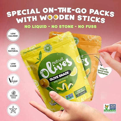 Nutruit Olives Snacks - Pitted Olives (Variety Box) - Fresh Harvest Aegean Green Olives - Vegan, Non-GMO, Gluten Free, Kosher, Paleo, Sugar Free - Premium Packs with Wooden Stick - 1.2oz (Pack of 20)