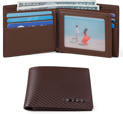 VISOUL Mens Carbon Fiber Leather Bifold Wallet with 2 ID Windows, RFID Blocking Stylish Wallet for Men with 2 Cash Compartments (Brown+Brown)