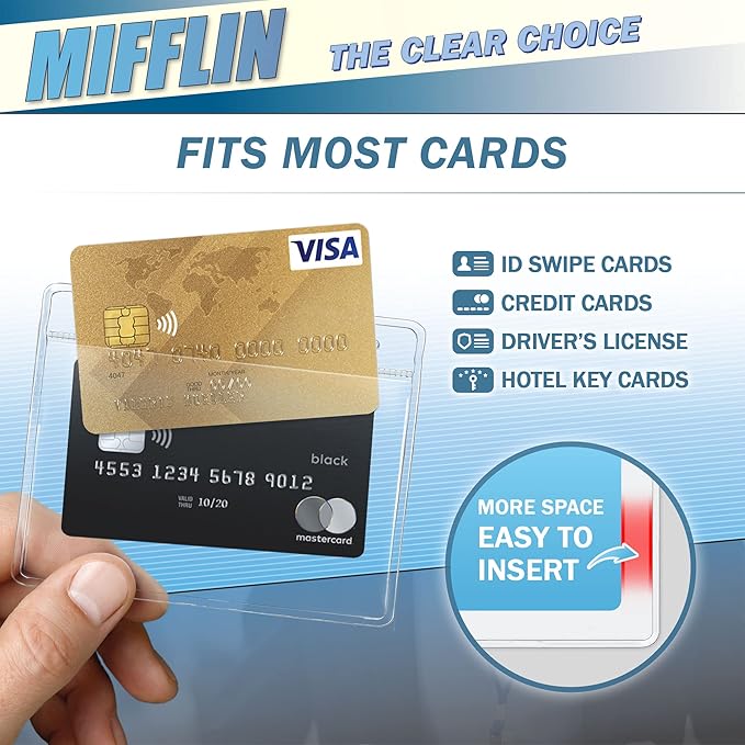 Mifflin-USA Horizontal No Zip Card Protector with Metal Clip and Vinyl Straps (Clear, 4x3 Inch, 250 Pack), Quick Load PVC ID Name Badge with Clips
