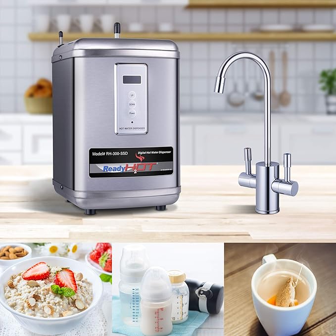 Ready Hot 41-RH-300-F560-BN Instant Hot Water Dispenser System, 2.5 Quarts, Digital Display Dual Lever Hot and Cold Water Faucet Brushed Nickel