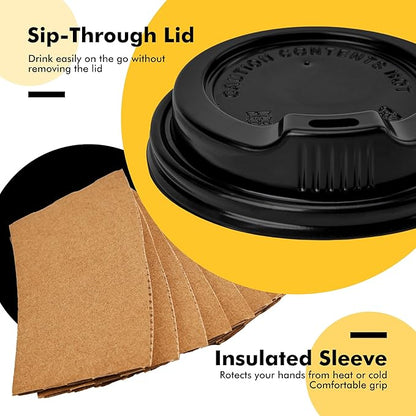 RACETOP 16 oz Paper Coffee Cups, 100 Pack Black Disposable Coffee Cups with Lids, Sleeves and Stirring Sticks, 16 oz Hot Coffee Cup for Hot Drinks, Parties, Picnic, Travel, and Events