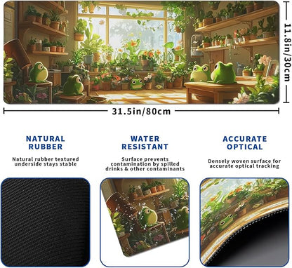 Cute Frogs Green Mouse Pad Abstract Green Mouse Pad 31.5x11.8 Inch Frog Texture Non-Slip Rubber Base Large Mousepad Stitched Edges Keyboard Mouse Mat Desk Pad for Office and Home