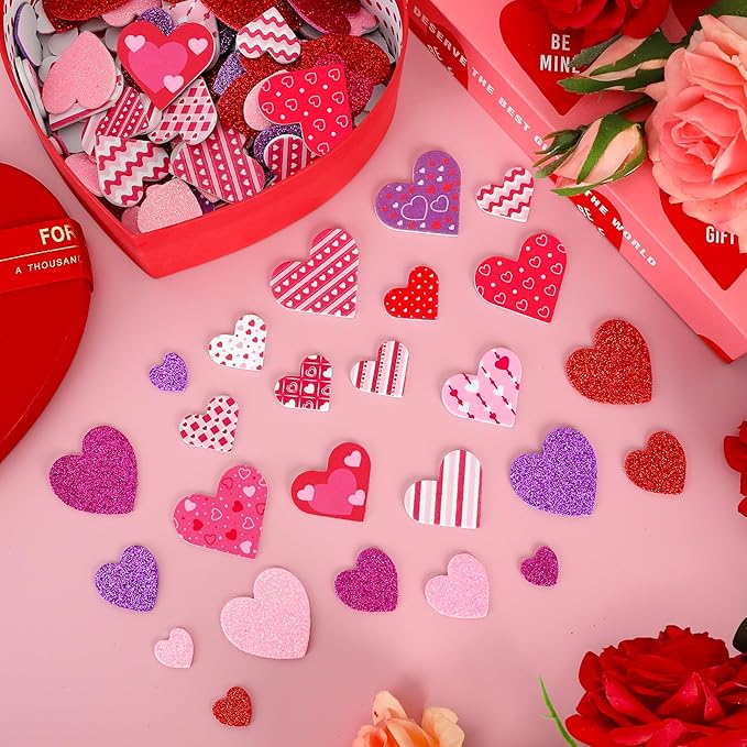 300 PCS Valentines Stickers, Self-Adhesive Foam Heart Stickers, 4 Color Glitter Hearts for Valentines Crafts, Polka Dots Stripe Valentine's Decor, DIY Supplies for Scrapbooking Card Making