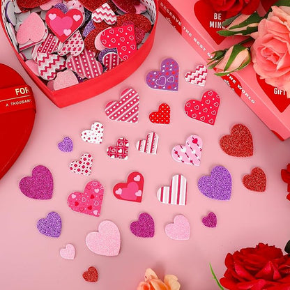 300 PCS Valentines Stickers, Self-Adhesive Foam Heart Stickers, 4 Color Glitter Hearts for Valentines Crafts, Polka Dots Stripe Valentine's Decor, DIY Supplies for Scrapbooking Card Making