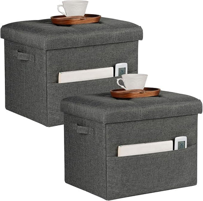 Storage Ottoman Foot Rest, Folding Linen Cotton Ottoman with Storage with Side Pockets and Handle, Foot Stool for Lounge, Study Corner, Home Office, 17x17x13 Inches, Dark Gray
