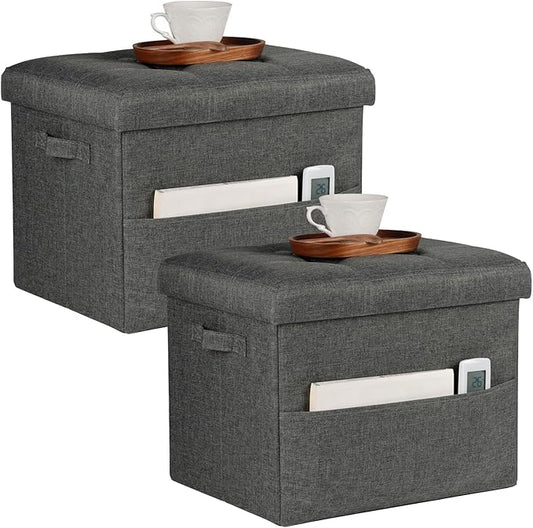 Storage Ottoman Foot Rest, Folding Linen Cotton Ottoman with Storage with Side Pockets and Handle, Foot Stool for Lounge, Study Corner, Home Office, 17x17x13 Inches, Dark Gray