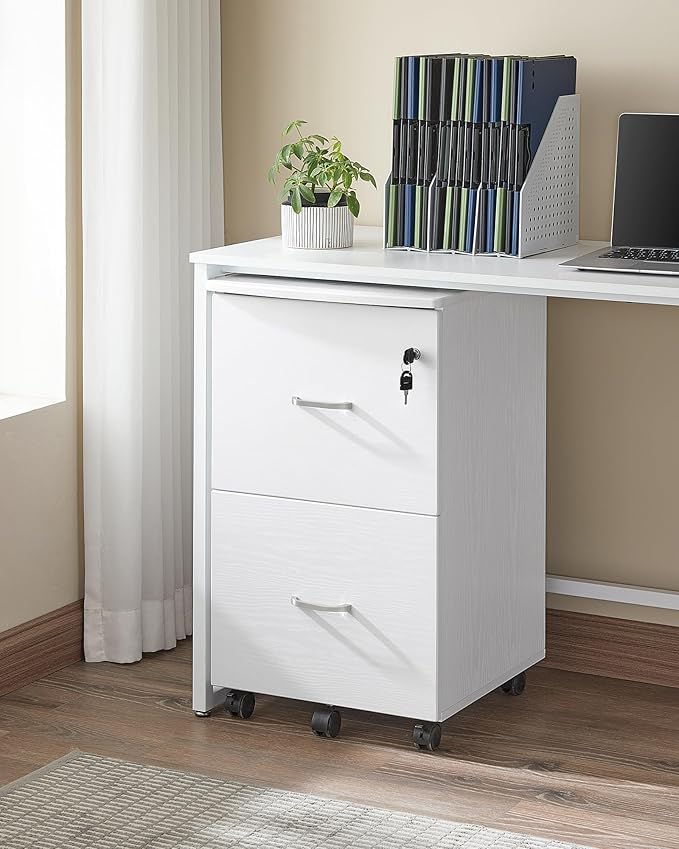 VASAGLE 2-Drawer File Cabinet, Locking Filing Cabinet for Home Office, Small Rolling Printer Stand, A4, Letter-Size Hanging Files, Assembly Required, White ULCD027T46V2