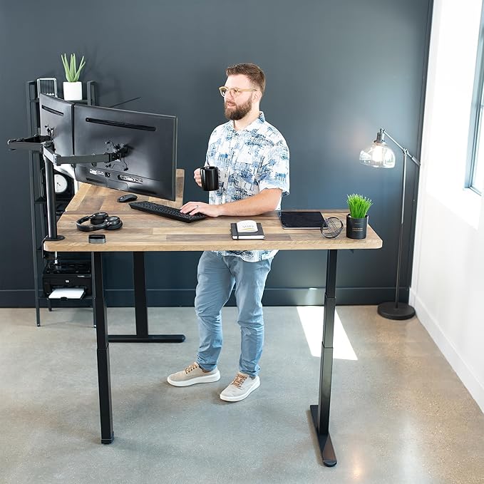VIVO Electric Height Adjustable 67 x 60 inch Corner Stand Up Desk, 2 Reclaimed Wood Solid Table Tops, Black Frame, Memory Controller, L-Shaped Workstation, 3E Series, DESK-KIT-3E6BP