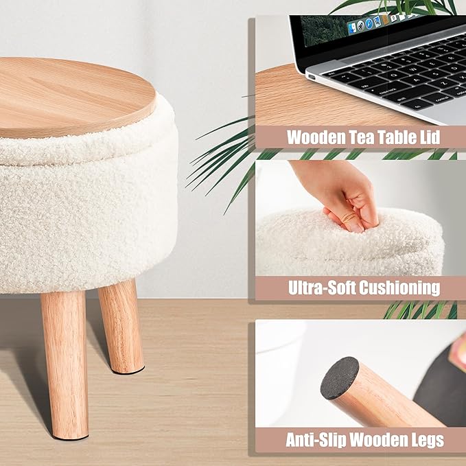 Poofzy Small Ottoman with Storage, Small Foot Stool Ottoman with Wood Legs, Sherpa Foot Rest for Couch, Living Room and Bedroom - White