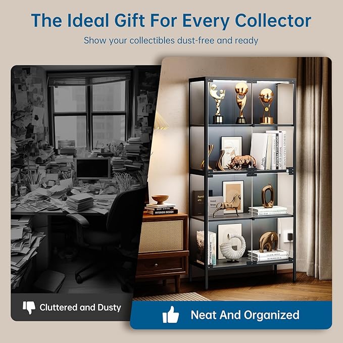 65" Glass Display Cabinet with 3-Color LED Light, Tempered Glass Display Case with 4-Tier Shelves, Metal Frame Curio Storage Cabinet for Collectibles, Figures, Awards, Book, Toy, Black