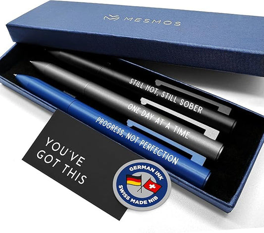 MESMOS Meaningful Sobriety Gifts for Men, 3pk Fancy Pen Set with German-Made Ink, Inspirational Pens, Proud of You Sober Gifts, Sober Affirmation Quote