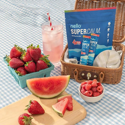Nello Supercalm Powdered Drink Mix, Cortisol Reducer* and Sleep Aid Supplement, L Theanine, Ksm-66 Ashwagandha, Magnesium Glycinate, Vitamin D 3, No Sugar, Non GMO, On The Go, 20 Ct, Melon Berry