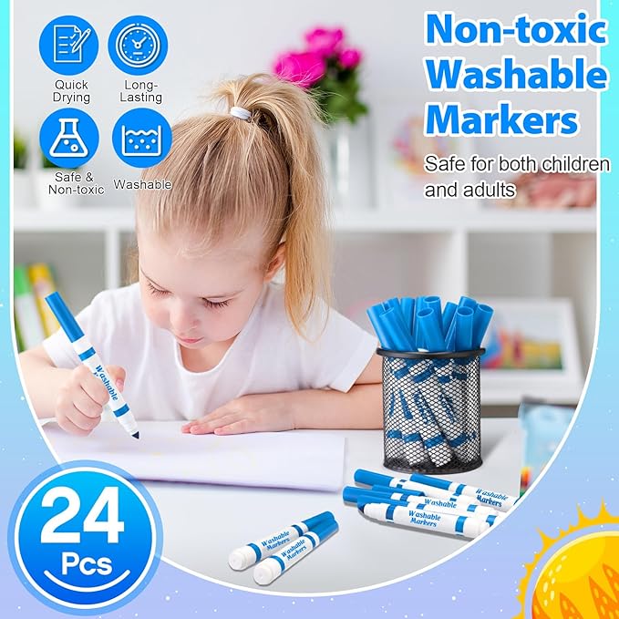 Janlaugh 24 Pcs Washable Markers Bulk Broad Line Markers Coloring Conical Tip Large pens for Kids art projects, Teachers, Students, Toddlers, Party Favors, Classrooms, Donations(Sky Blue)