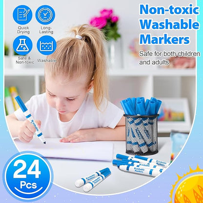 Janlaugh 24 Pcs Washable Markers Bulk Broad Line Markers Coloring Conical Tip Large pens for Kids art projects, Teachers, Students, Toddlers, Party Favors, Classrooms, Donations(Sky Blue)