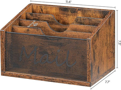 Mail Organizer Countertop, Mail Holder with 4 Slots, Mail Sorter for Desk, Wooden Office Desk Organizer, Mail Organizer for Magazines, Files, Papers, Folders, Rustic Brown and Black MR04BR