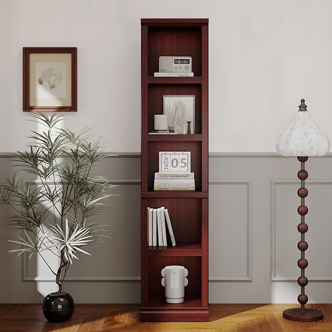 blini 5-Shelf Narrow Bookcase White Wooden Tall Bookshelves Floor Standing Display Storage Shelves Mahogany Bookcase for Home Office, Living Room, Bed Room