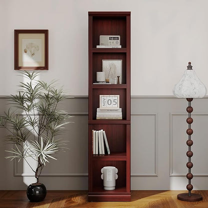 blini 5-Shelf Narrow Bookcase White Wooden Tall Bookshelves Floor Standing Display Storage Shelves Mahogany Bookcase for Home Office, Living Room, Bed Room