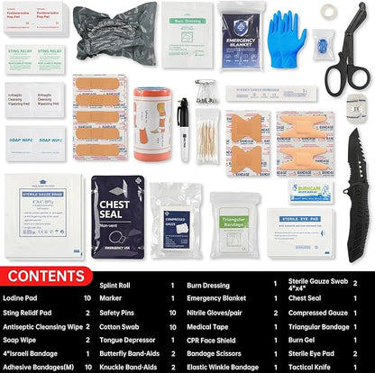 Trauma Kit, Compact Tactical IFAK Emergency Survival First Aid Kits Hemostatic Combat Wound Care Molle Pouch with Israeli Bandage, Chest Seal, Splint for Military, Black