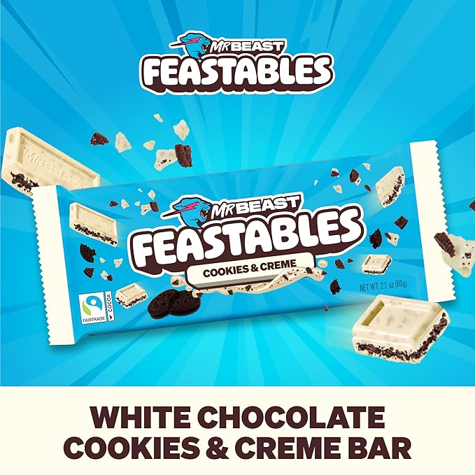 Feastables MrBeast Milk & Cookies Pack, King Size Milk Chocolate & Cookies & Creme Bars, 10 Each, Candy Bars for Adults & Kids as Snacks, Gifts, or Dessert, Fairtrade Cocoa, 2.1 Oz Each, 20 Count