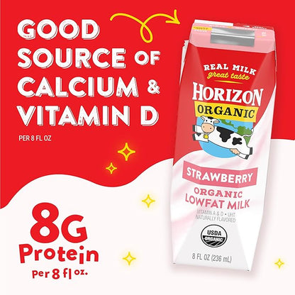 Horizon Organic Shelf Stable 1% Lowfat Strawberry Milk Boxes, 8 fl oz, 12 Count - 8g Protein per Serving, USDA Organic UHT from Pasture-Raised Cows, Ready to Drink for Lunchbox, Travel, or On-the-Go, No Refrigeration Needed