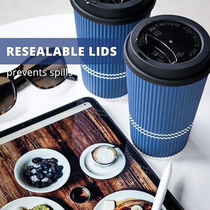 Disposable Coffee Cups With Lids - 16 oz To Go Coffee Cup (70 Set). Large Travel Cups Hold Shape With Hot and Cold Drinks, No Leaks! Insulated Ripple Cup Protect Hands, No Sleeves needed!