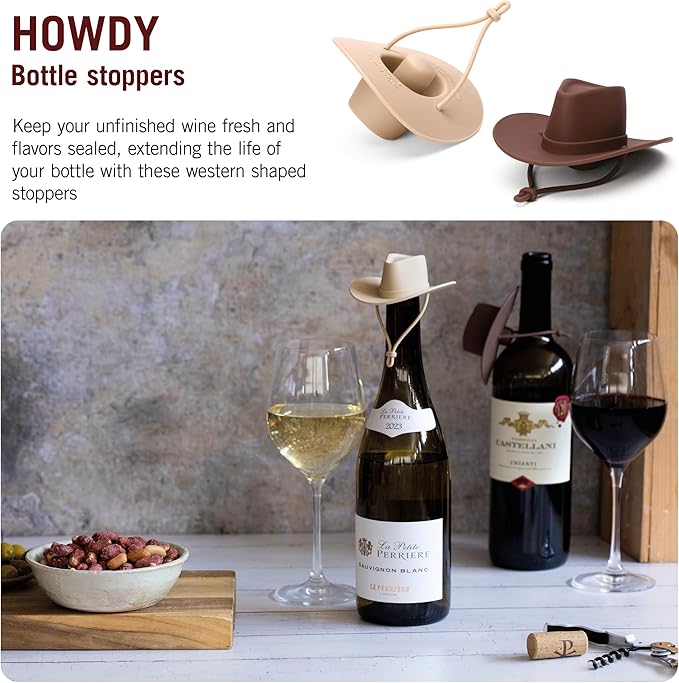 Monkey Business Howdy - 2-Pack Cowboy Hat Wine Stoppers – Fun Silicone Bottle Stoppers Keep Wine Fresh – Novelty Kitchen Gadgets & Cute Wine Accessories