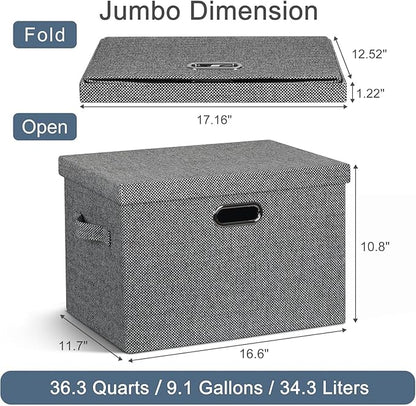 Large 17" 36 Quart Collapsible Stackable Storage Bins with Lids, 3 Packs Black and White Mix Linen Fabric Closet Boxes with Lids, Storage Cube Baskets Container Organizers (17x12x11)