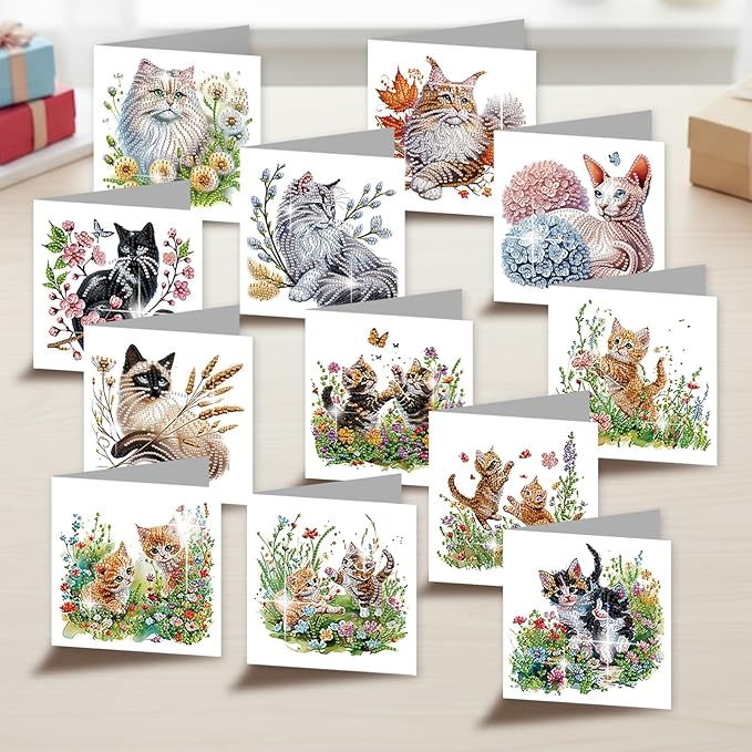 jinglinhh 12pcs Sphynx Cat Diamond Art Painting Kitten in the Flower Garden Greeting Cards with Envelopes, DIY Card Making Kits for Adults, Diamond Art Christmas Birthday Holiday cards Craft Gifts