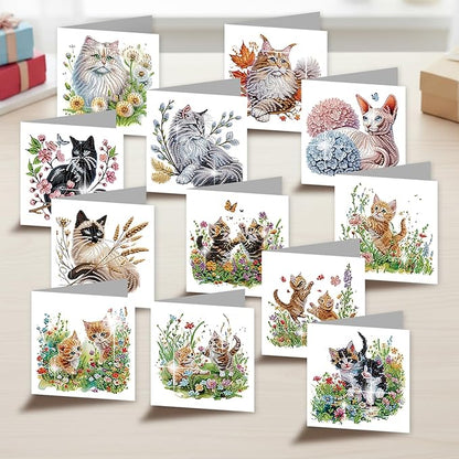 jinglinhh 12pcs Sphynx Cat Diamond Art Painting Kitten in the Flower Garden Greeting Cards with Envelopes, DIY Card Making Kits for Adults, Diamond Art Christmas Birthday Holiday cards Craft Gifts