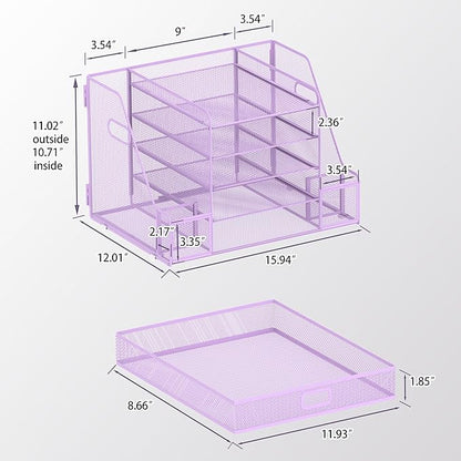 SUPEASY Mesh Desk Organizer with File Holder, 5-Tier Paper Letter Tray Organizer with Magazine Holder, Desktop Organizer and Storage with Drawer for Office Supplies Home or School, Purple