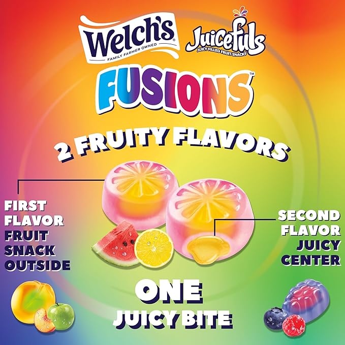 Welch's Fruit Snacks, Juicefuls Fusions, Assorted Fruit Flavor, Stocking Stuffers, Bulk Pack, Gluten Free, Natural Colors & Flavors, 0.8oz (Pack of 50)
