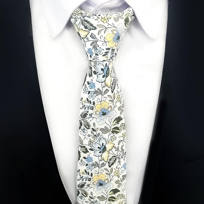 Cotton Floral Ties for Men 2.76" Men's Skinny Tie Linen Flower Printed Neck Tie for Wedding Dating Party
