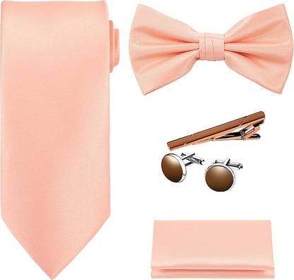 TIE G 5pcs Tie Set in WHITE OR BLACK GIFT BOX: Solid Color Necktie, Satin Bow Tie, Pocket Square, Lapel, Cuff Links