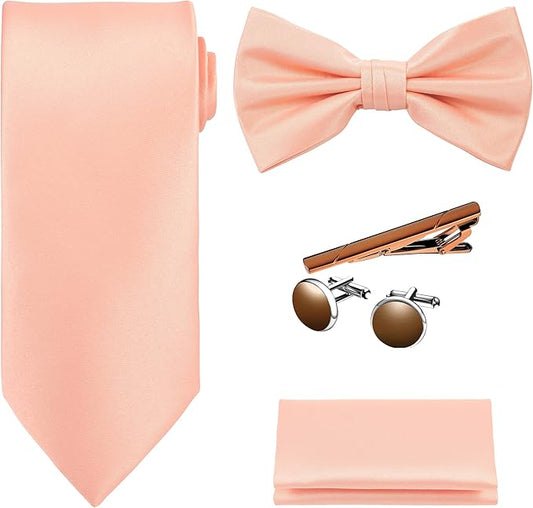 TIE G 5pcs Tie Set in WHITE OR BLACK GIFT BOX: Solid Color Necktie, Satin Bow Tie, Pocket Square, Lapel, Cuff Links