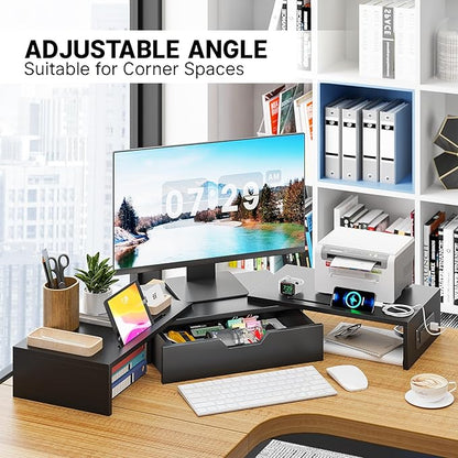 Elephance Dual Monitor Stand with USB Ports,Wood Computer Monitor Stand with Drawer,Adjustable Monitor Stand Riser,Desk Organizer for PC,Computer,Laptop,Black