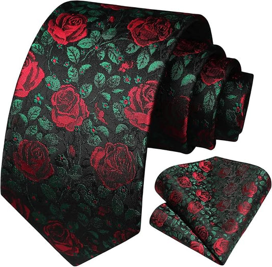 HISDERN Men Floral Ties Woven Classic 3.4" Necktie Set Formal Tie Pocket Square for Wedding with Handkerchief Gift Box
