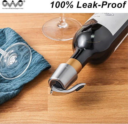 OWO Stainless Steel Wine Bottle Stopper, Reusable Wine Saver with Silicone Seal, Decorative Bottle Sealer, Keeps Fresh (Silver, 2 Pack)