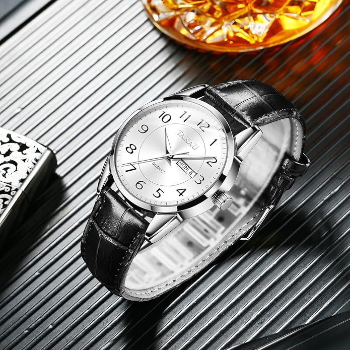 Men's Watch Big Face Easy Read Arabic Numeral Dress Watches for Men Classic Black Brown Leather Band Analog Mens Wrist Watch with Day and Date Fashion Business Waterproof Luminous Quartz Watch