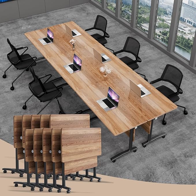 Conference Table Folding Conference Room Tables, Modern Mobile Meeting Training Table with Silent Wheels, Foldable Seminar Table for Offices, Classrooms, Libraries (10, Wood, 55.1in)