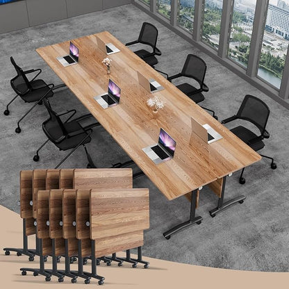 Conference Table Folding Conference Room Tables, Modern Mobile Meeting Training Table with Silent Wheels, Foldable Seminar Table for Offices, Classrooms, Libraries (10, Wood, 55.1in)