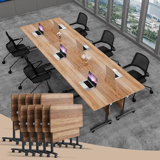 Conference Table Folding Conference Room Tables, Modern Mobile Meeting Training Table with Silent Wheels, Foldable Seminar Table for Offices, Classrooms, Libraries (10, Wood, 55.1in)