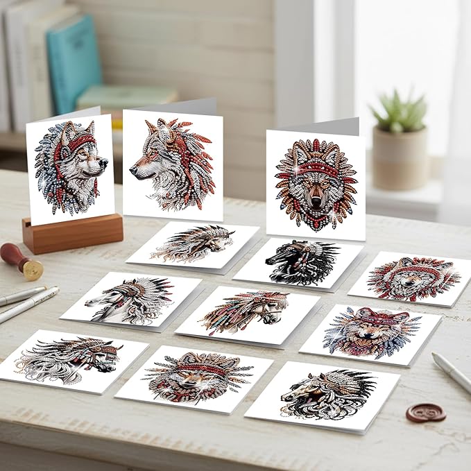 jinglinhh 12pcs Diamond Art Painting Indian Wolf Horse Greeting Cards with Envelopes, DIY Card Making Kits for Adults, Diamond Art Postcards Christmas Cards Craft Gifts