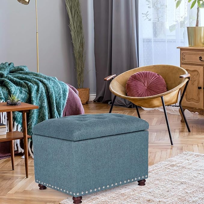 Adeco Rectangular Storage Ottoman Foot Rest Stool, Fabric Button Tufted Storage Ottoman with Hinged Lid (Cyan)