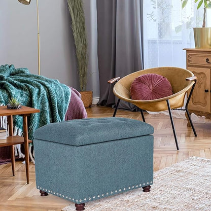 Adeco Rectangular Storage Ottoman Foot Rest Stool, Fabric Button Tufted Storage Ottoman with Hinged Lid (Cyan)